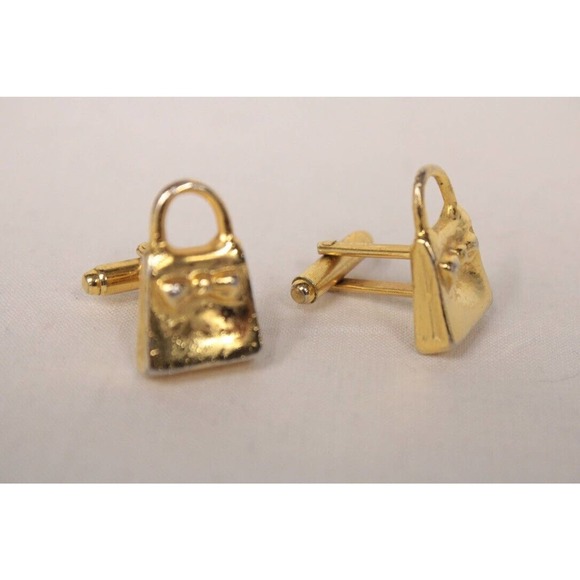 Vintage Cufflinks Gold Tone Novelty Purse Shape Ladies' Handbag Bullet Back - Picture 2 of 6